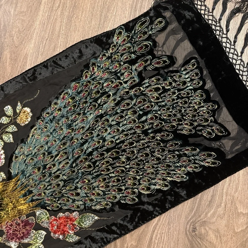 vintage Elegant Black Velvet fringe Scarf with Peacock and Floral Embroidery